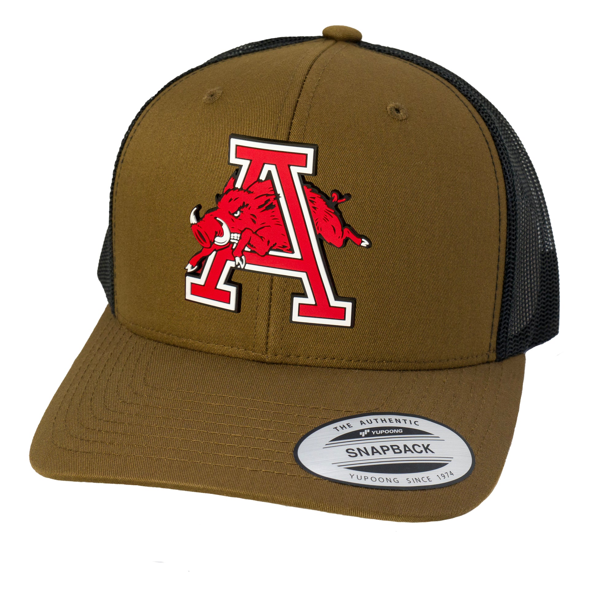 Arkansas Razorbacks Jumping Hog 3D YP Snapback Trucker Hat- Coyote Brown/ Black - Ten Gallon Hat Co.