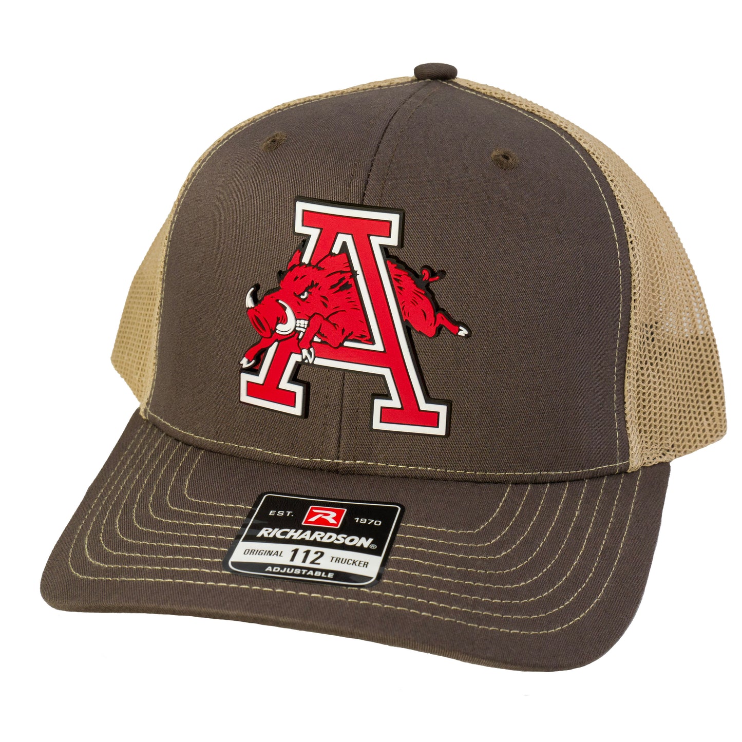 Arkansas Razorbacks Jumping Hog 3D Patch Snapback Trucker Hat- Brown/ Khaki - Ten Gallon Hat Co.