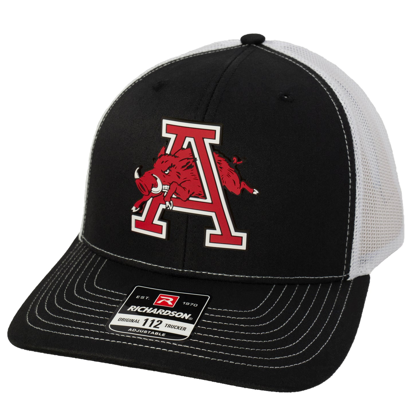 Arkansas Razorbacks Jumping Hog Classic 3D Snapback Trucker Hat- Black/ White - Ten Gallon Hat Co.