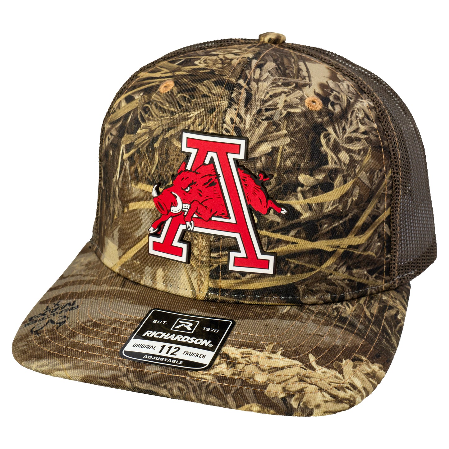 Arkansas Razorbacks Jumping Hog Classic 3D Patterned Snapback Trucker Hat- Realtree Max-1/ Brown - Ten Gallon Hat Co.