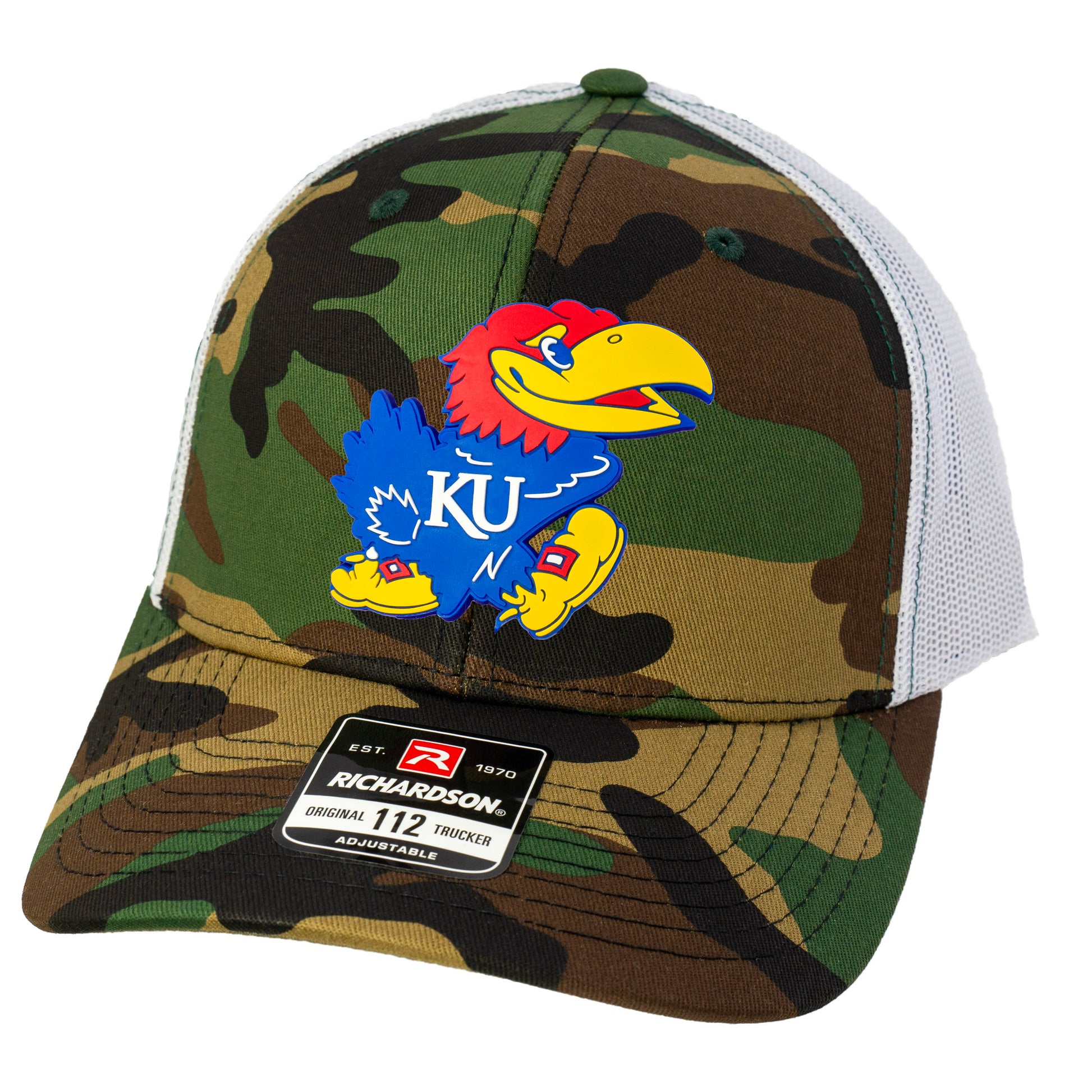 Kansas Jayhawks 3D Patterned Snapback Trucker Hat- Army Camo/ White - Ten Gallon Hat Co.