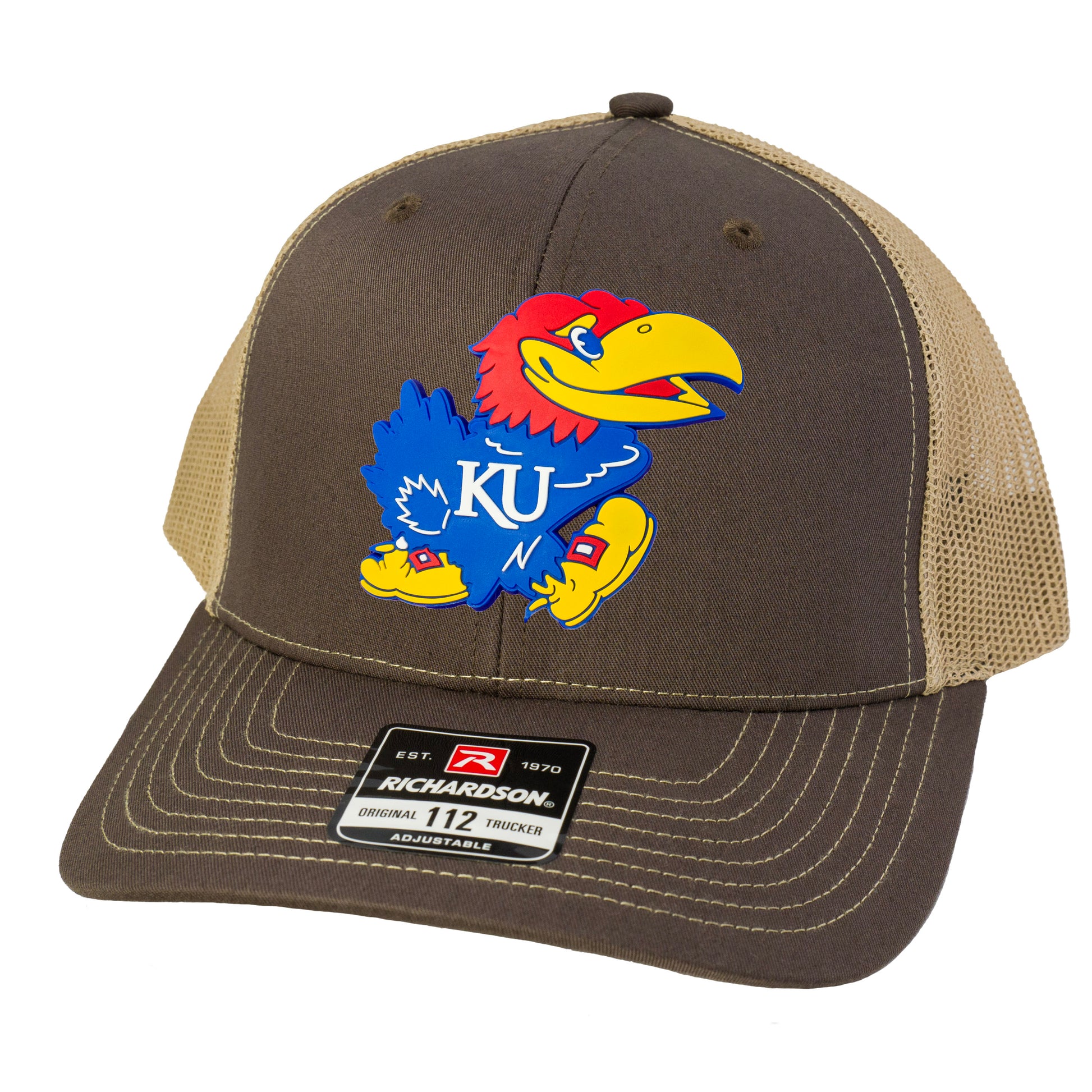 Kansas Jayhawks 3D Patch Snapback Trucker Hat- Brown/ Khaki - Ten Gallon Hat Co.