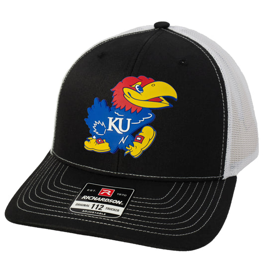 Kansas Jayhawks Classic 3D Snapback Trucker Hat- Black/ White - Ten Gallon Hat Co.