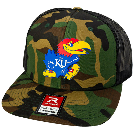 Kansas Jayhawks 3D PVC Patch Wool Blend Flat Bill Hat- Army Camo/ Black - Ten Gallon Hat Co.