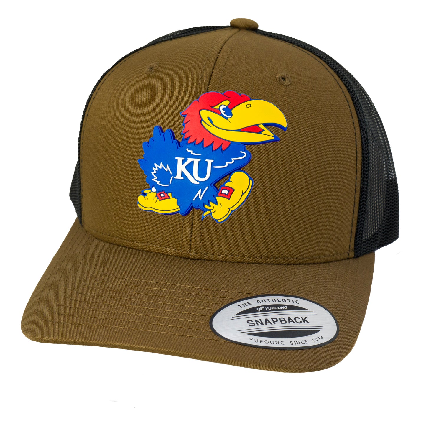 Kansas Jayhawks 3D YP Snapback Trucker Hat- Coyote Brown/ Black - Ten Gallon Hat Co.