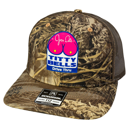 Titty Bells 3D Patterned Snapback Trucker Hat- Realtree Max-1/ Brown - Ten Gallon Hat Co.