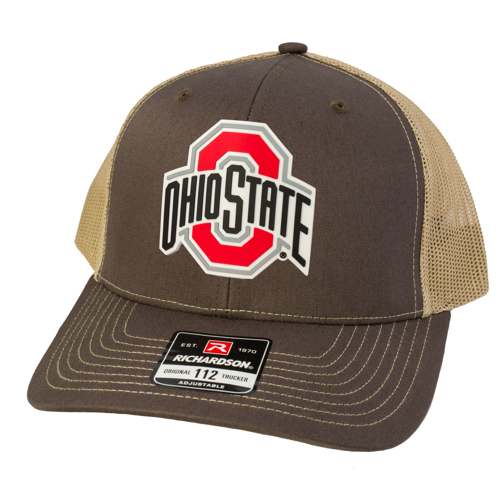 Ohio State Buckeyes 3D Patch Snapback Trucker Hat- Brown/ Khaki - Ten Gallon Hat Co.