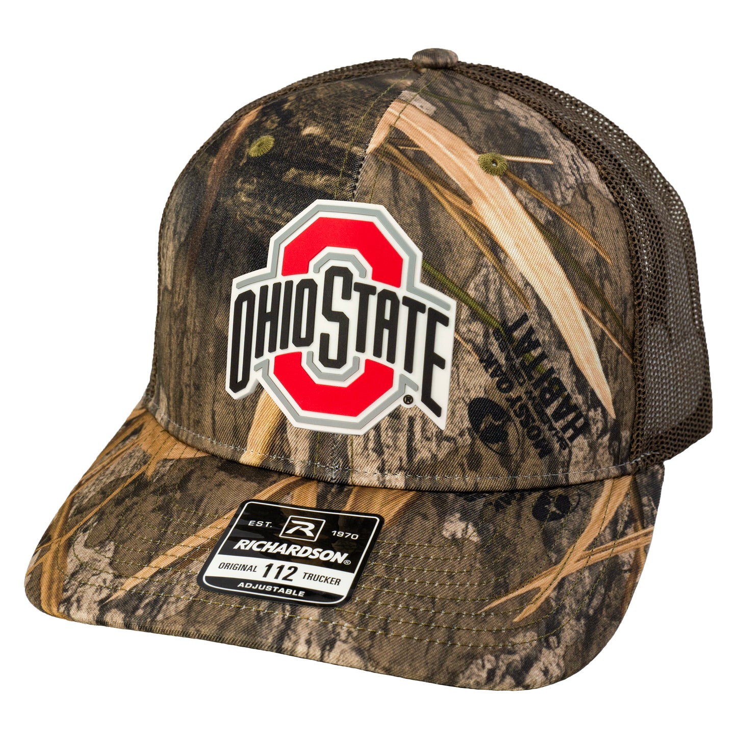 Ohio State Buckeyes 3D Patterned Snapback Trucker Hat-Mossy Oak Habitat/ Brown - Ten Gallon Hat Co.