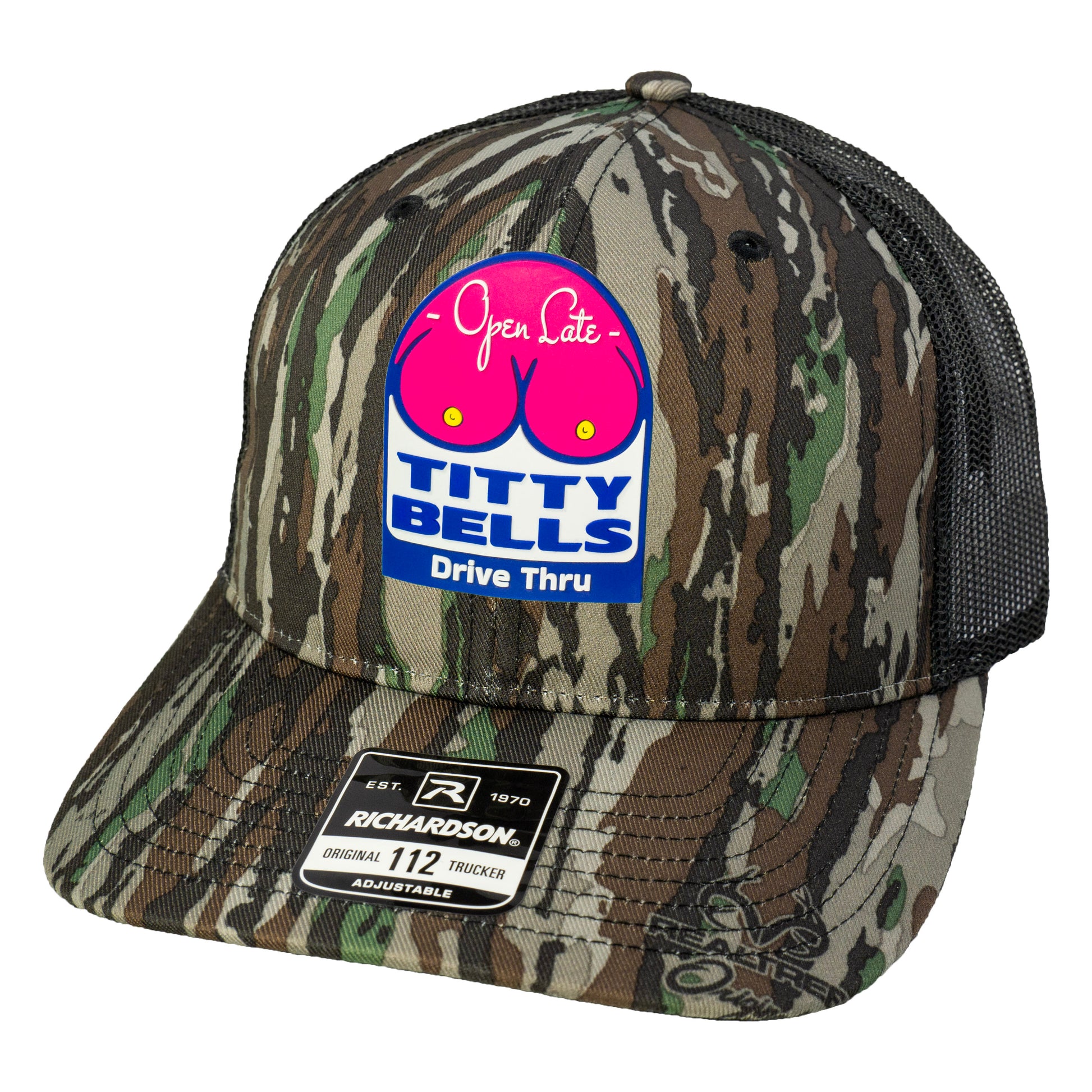 Titty Bells 3D Patterned Snapback Trucker Hat- Realtree Original/ Black - Ten Gallon Hat Co.