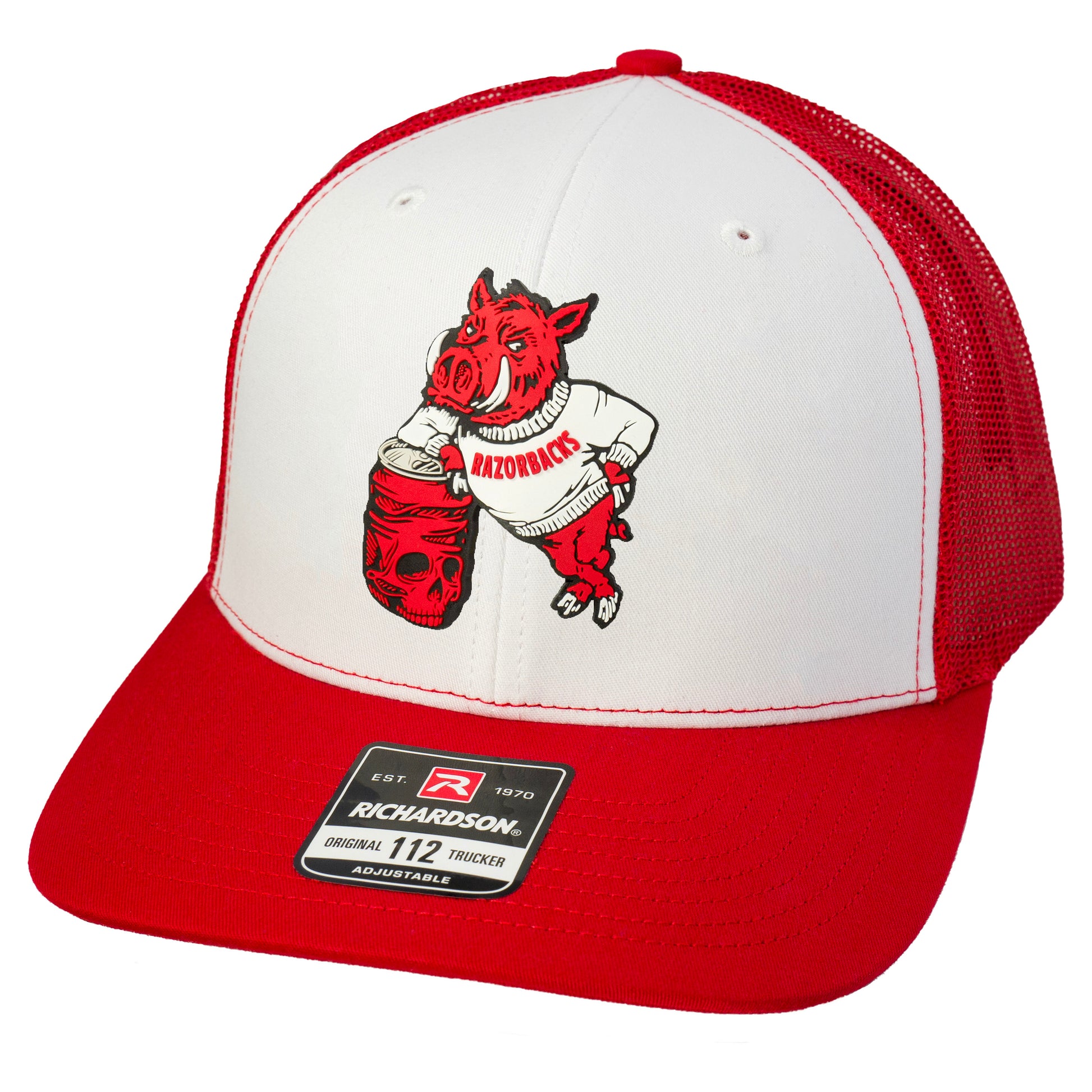 Arkansas Razorbacks- Skull Crushers 3D Snapback Trucker Hat- White/ Red - Ten Gallon Hat Co.