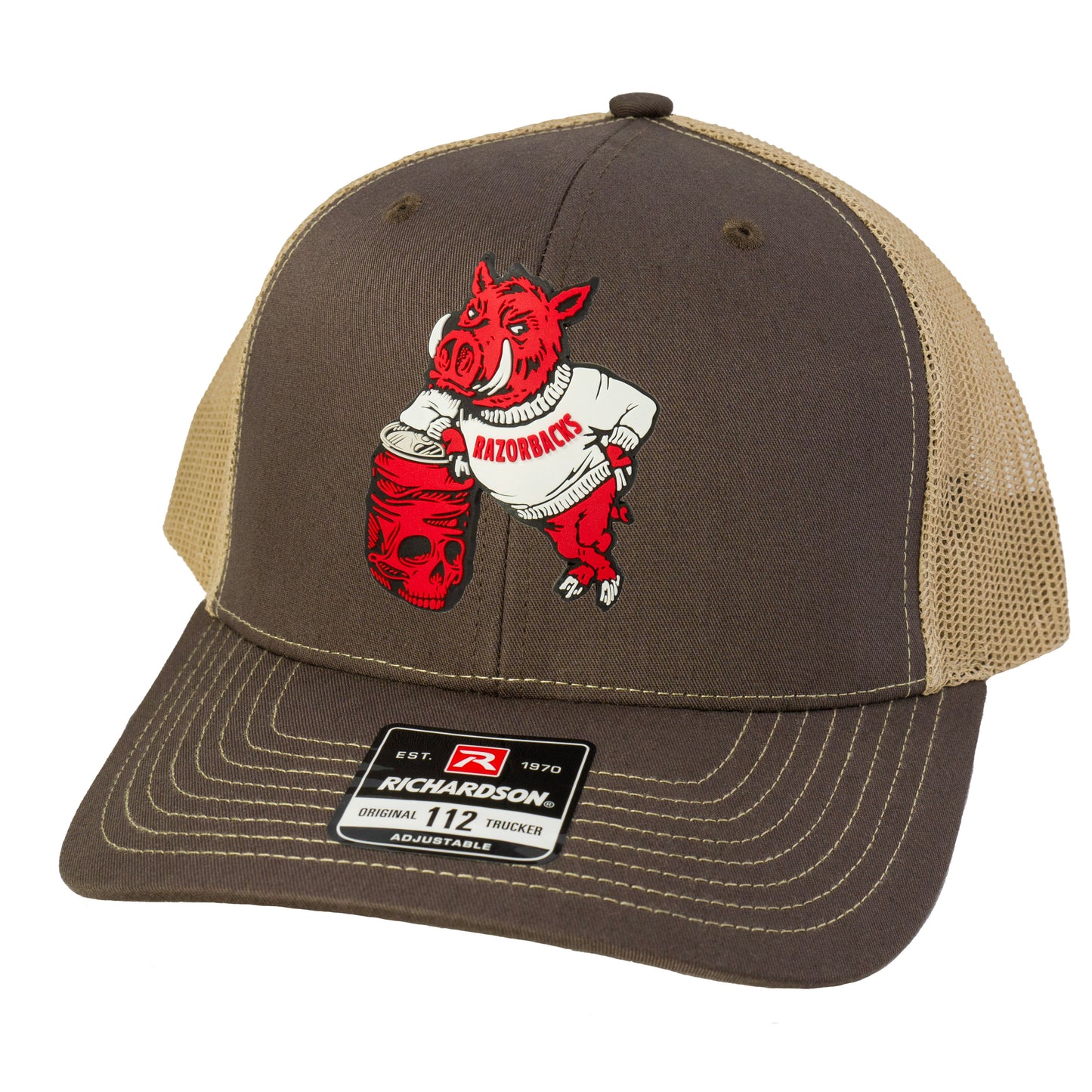 Arkansas Razorbacks- Skull Crushers 3D Patch Snapback Trucker Hat- Brown/ Khaki - Ten Gallon Hat Co.