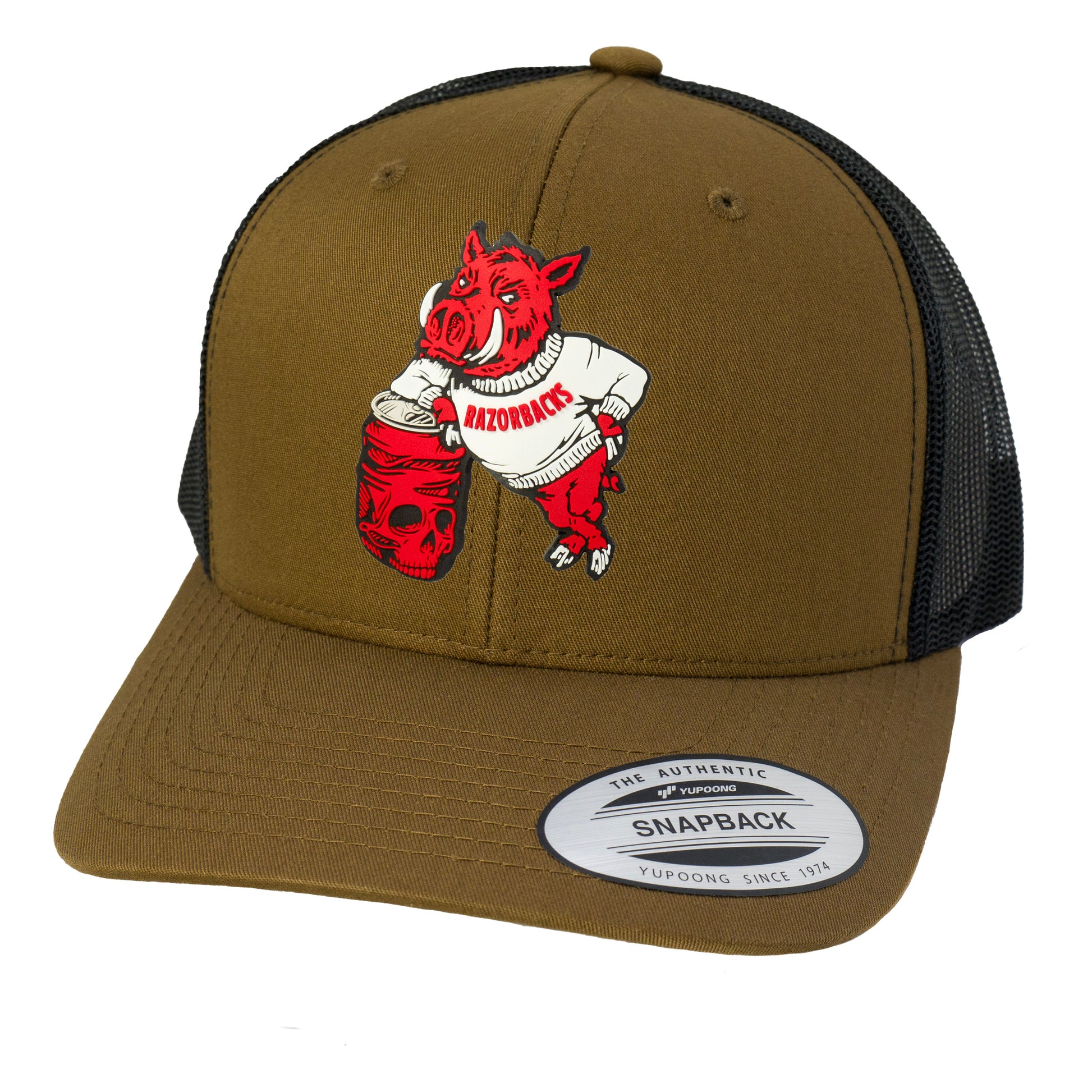 Arkansas Razorbacks- Skull Crushers 3D YP Snapback Trucker Hat- Coyote Brown/ Black - Ten Gallon Hat Co.