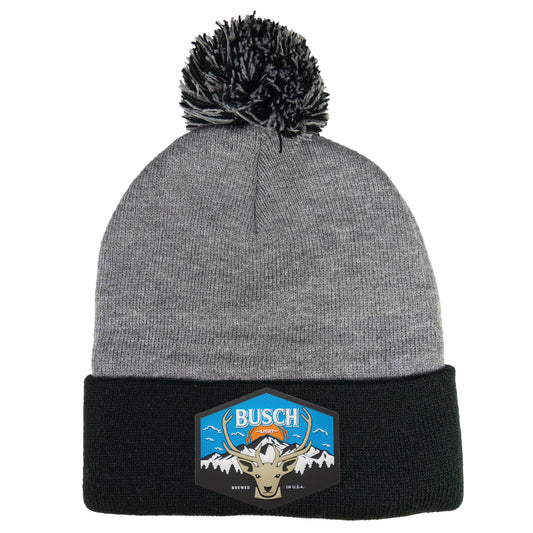 Busch Light Mountain Escape 12 in Pom-Pom Top Knit Beanie- Dark Heather Grey/ Black - Ten Gallon Hat Co.