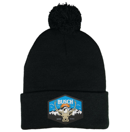 Busch Light Mountain Escape 12 in Pom-Pom Top Knit Beanie- Black - Ten Gallon Hat Co.