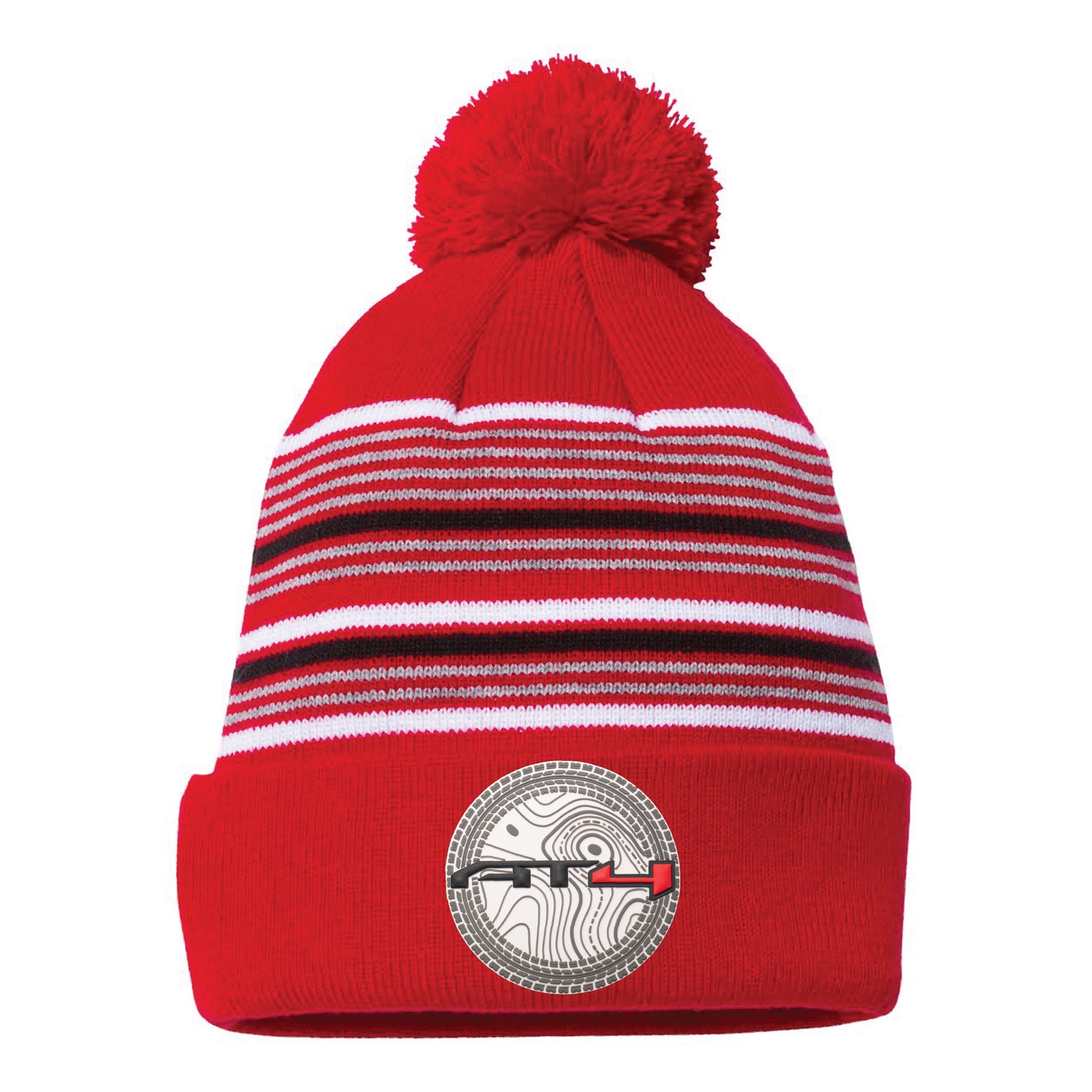 AT4 12 in Striped Knit Pom-Pom Top Beanie- Red/ White/ Grey/ Black - Ten Gallon Hat Co.