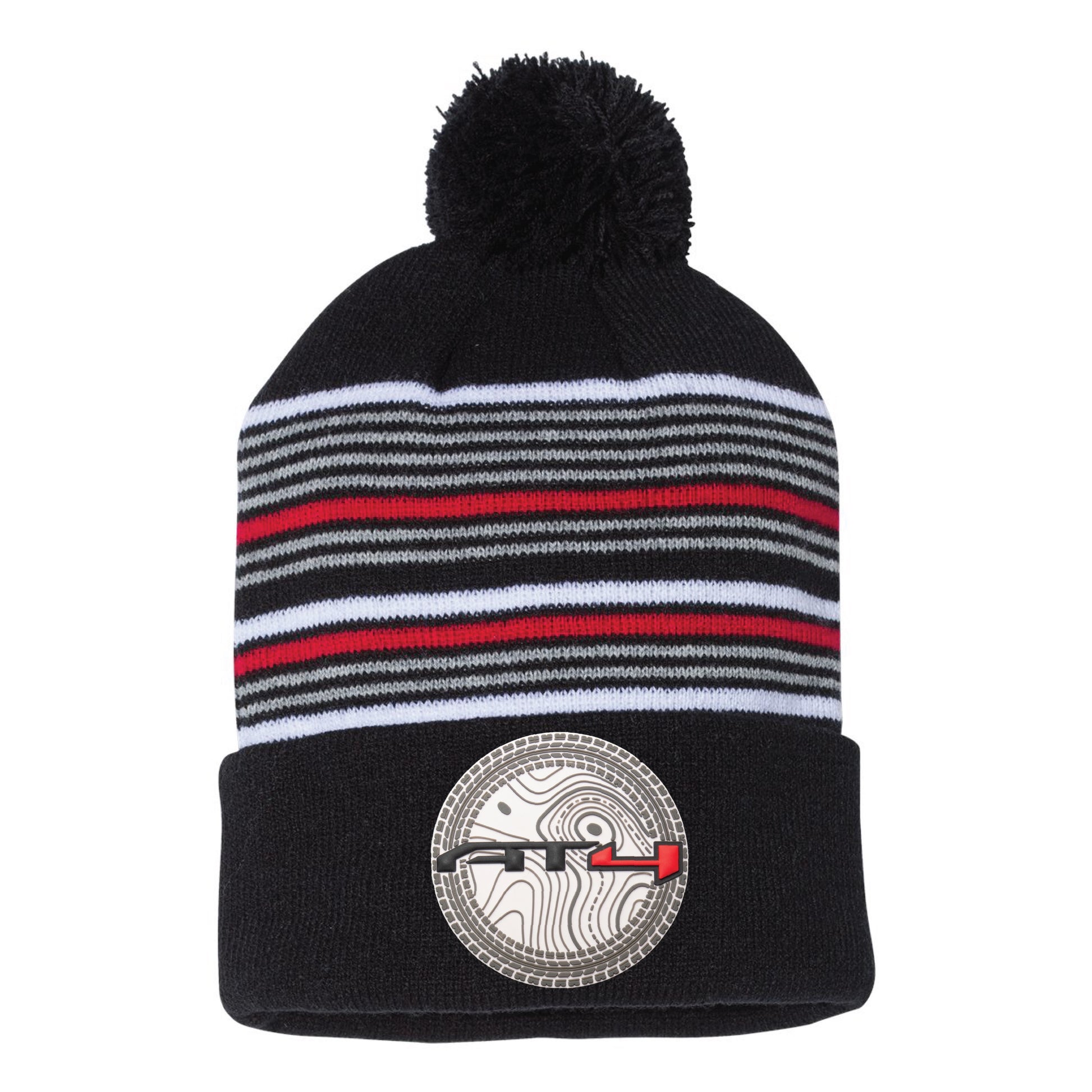 AT4 12 in Striped Knit Pom-Pom Top Beanie- Black/ White/ Grey/ Red - Ten Gallon Hat Co.