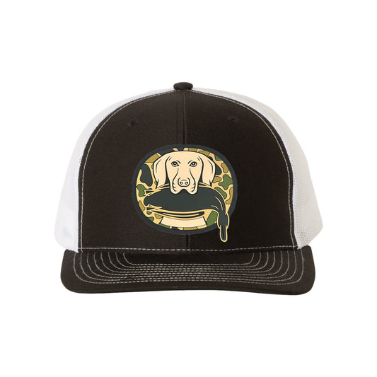 Just Retrievin' - T.G.H.C Original Duck Hunting 3D Patch Snapback Trucker Hat- Black/ White - Ten Gallon Hat Co.