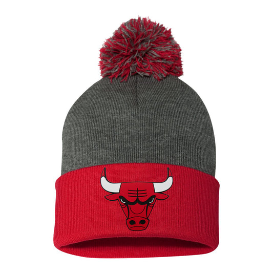 Chicago Bulls 3D 12 in Knit Pom-Pom Top Beanie- Dark Heather Grey/ Red - Ten Gallon Hat Co.