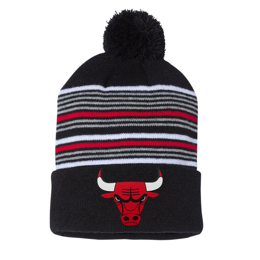 Chicago Bulls 3D 12 in Striped Knit Pom-Pom Top Beanie- Black/ White/ Grey/ Red - Ten Gallon Hat Co.