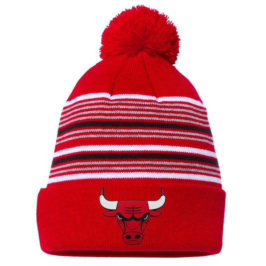 Chicago Bulls 3D 12 in Striped Knit Pom-Pom Top Beanie- Red/ White/ Grey/ Black - Ten Gallon Hat Co.