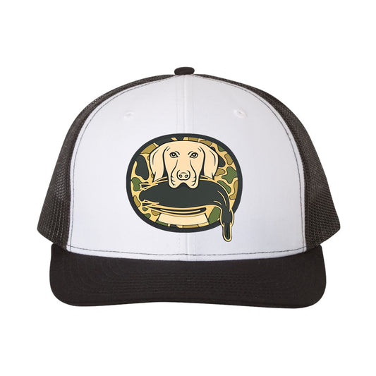 Just Retrievin' - T.G.H.C Original Duck Hunting 3D PVC Patch Hat- White/ Black - Ten Gallon Hat Co.