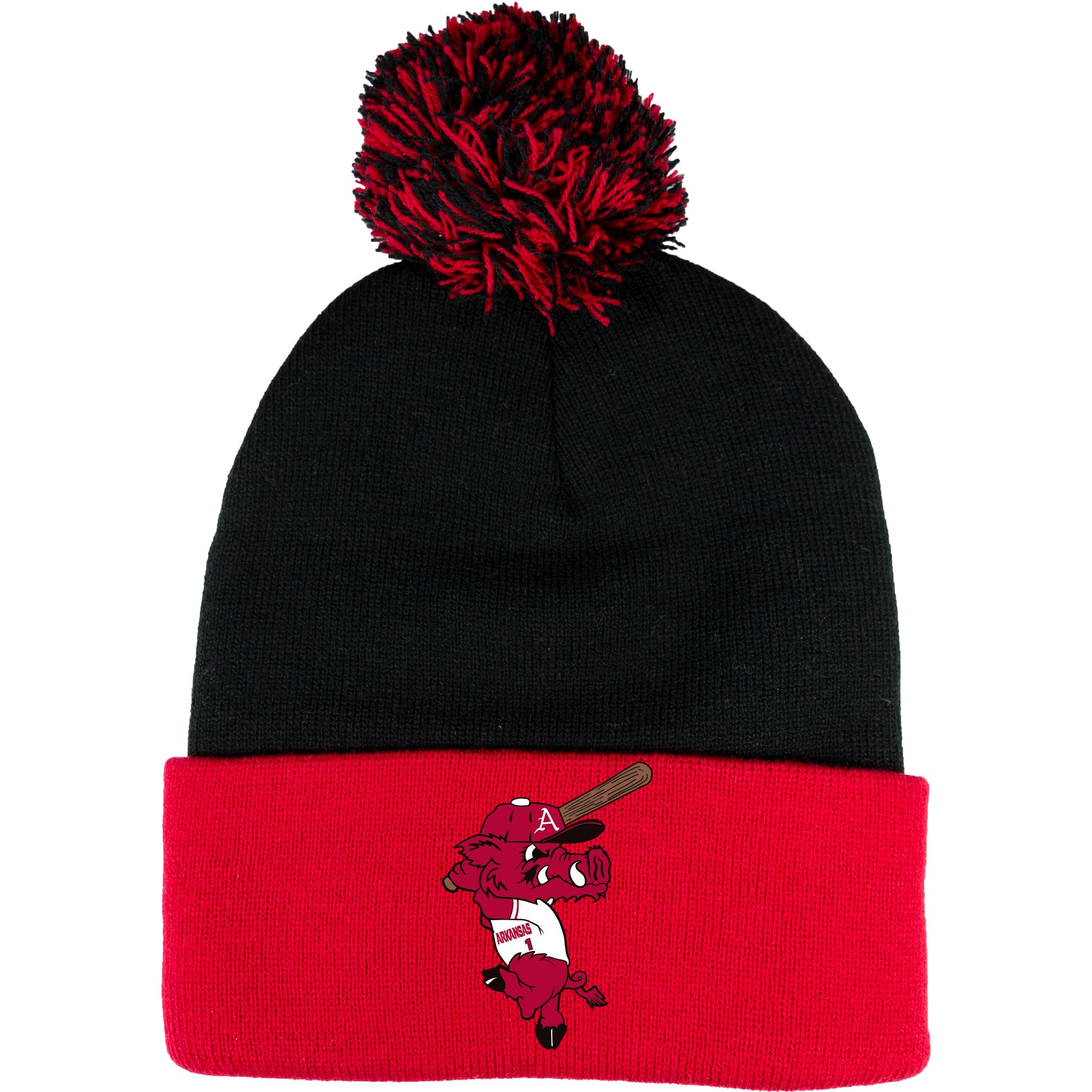 Ribby at Bat 12 in Knit Pom-Pom Top Beanie- Black/ Red - Ten Gallon Hat Co.