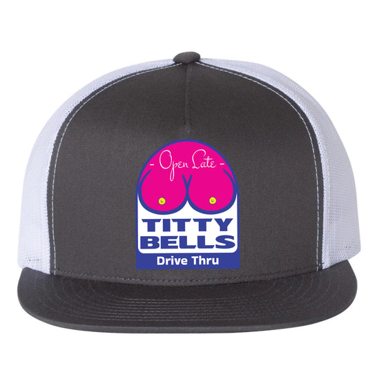 Titty Bells 3D YP Snapback Flat Bill Trucker Hat- Charcoal/ White - Ten Gallon Hat Co.