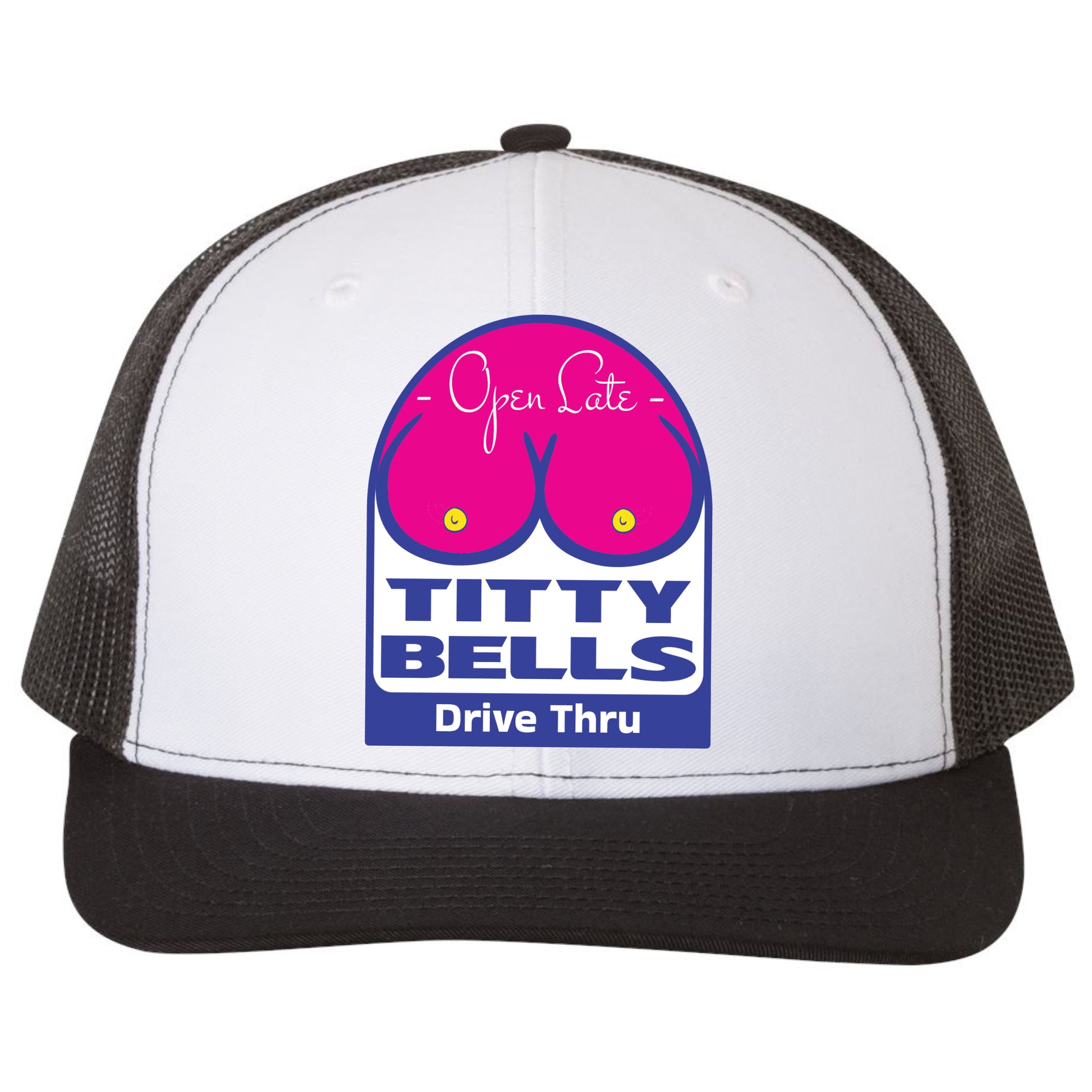 Titty Bells 3D YP Snapback Trucker Hat- White/ Black - Ten Gallon Hat Co.