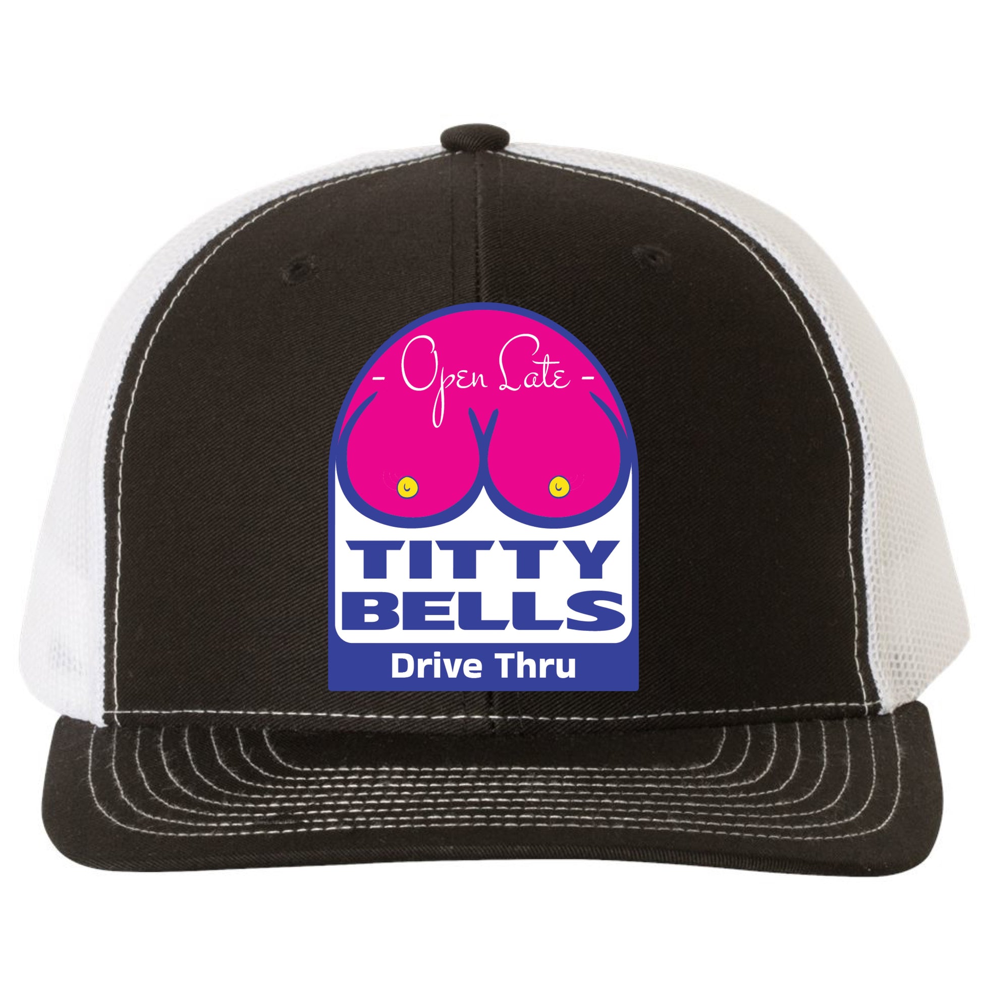 Titty Bells 3D YP Snapback Trucker Hat- Black/ White - Ten Gallon Hat Co.