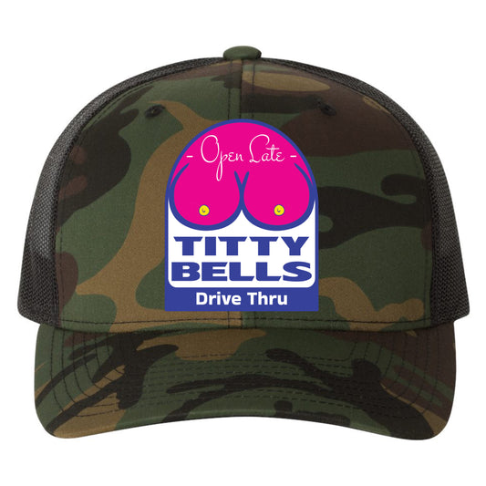 Titty Bells 3D YP Snapback Trucker Hat- Army Camo/ Black - Ten Gallon Hat Co.