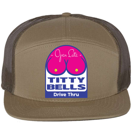 Titty Bells 3D Snapback Seven-Panel Trucker Hat- Pale Khaki/ Loden Green - Ten Gallon Hat Co.