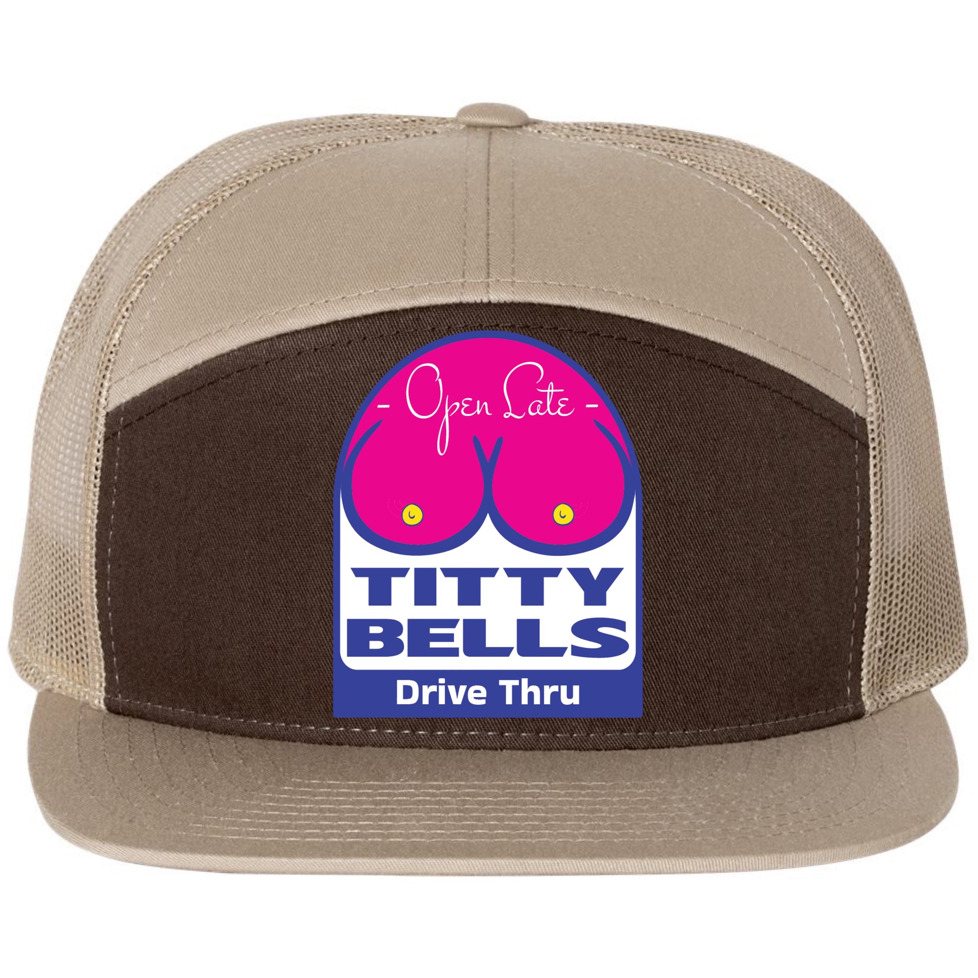 Titty Bells 3D Snapback Seven-Panel Trucker Hat- Brown/ Khaki - Ten Gallon Hat Co.