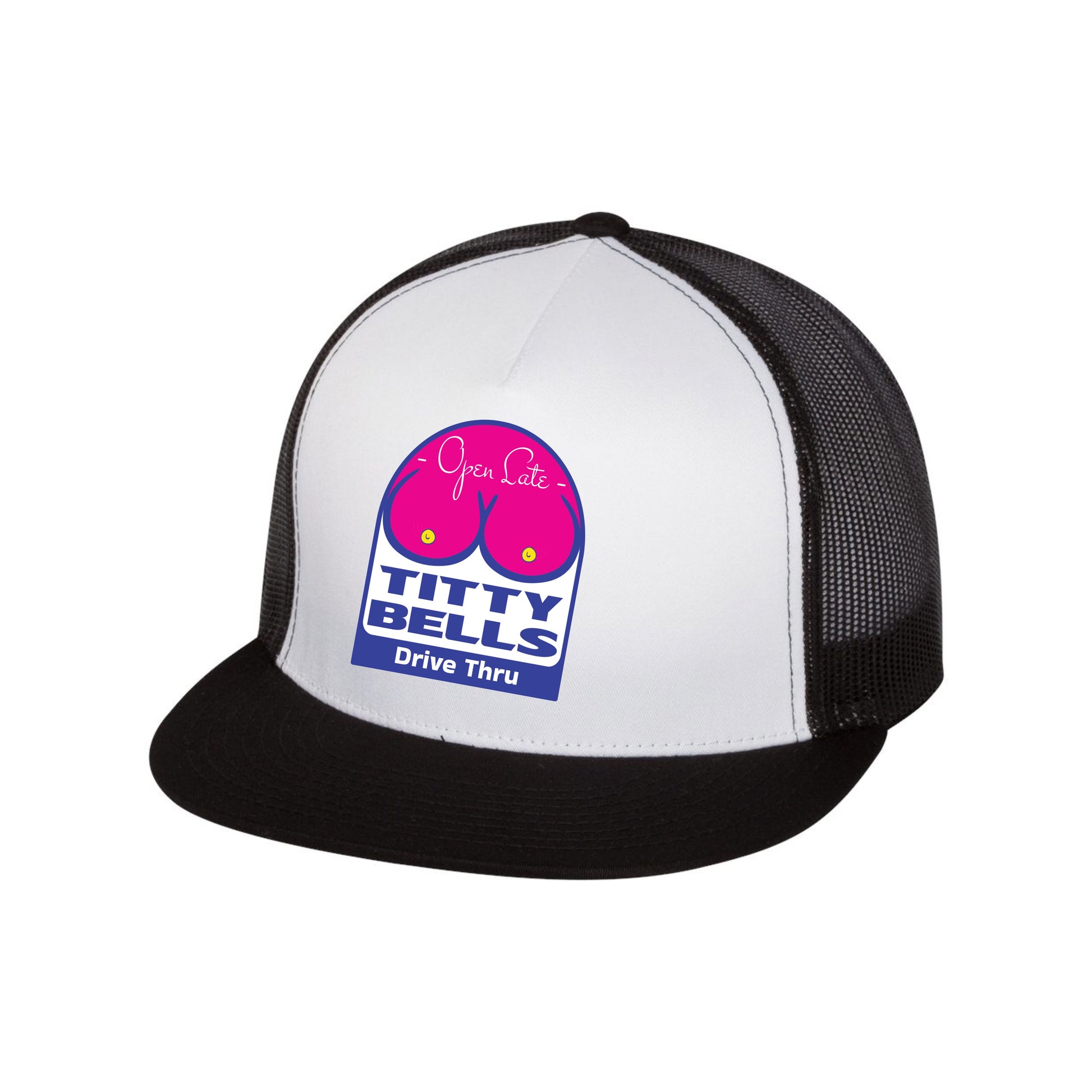 Titty Bells 3D YP Snapback Flat Bill Trucker Hat- White/ Black - Ten Gallon Hat Co.