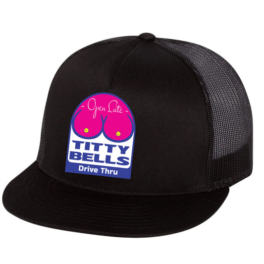 Titty Bells 3D YP Snapback Flat Bill Trucker Hat- Black - Ten Gallon Hat Co.