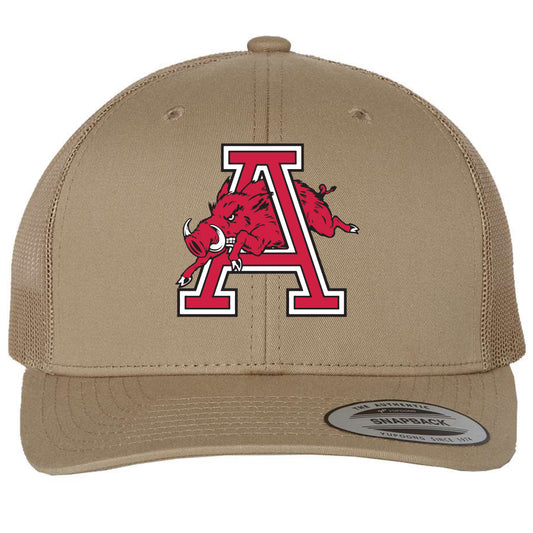 Arkansas Razorbacks Jumping Hog 3D YP Snapback Trucker Hat- Khaki - Ten Gallon Hat Co.