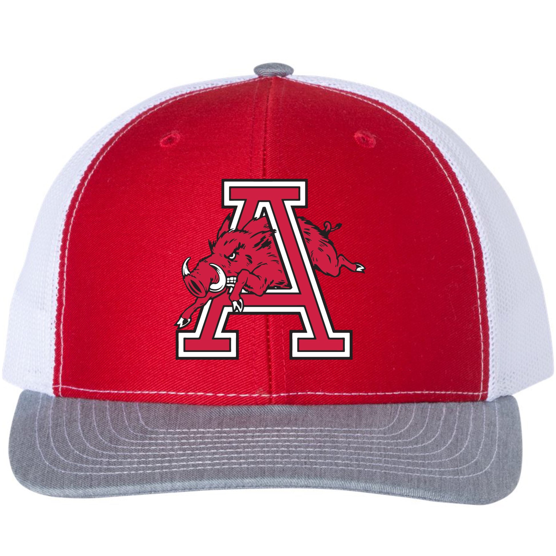 Arkansas Razorbacks Jumping Hog Classic 3D Snapback Trucker Hat- Red/ White/ Heather Grey - Ten Gallon Hat Co.