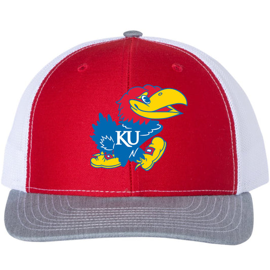 Kansas Jayhawks Classic 3D Snapback Trucker Hat- Red/ White/ Heather Grey - Ten Gallon Hat Co.