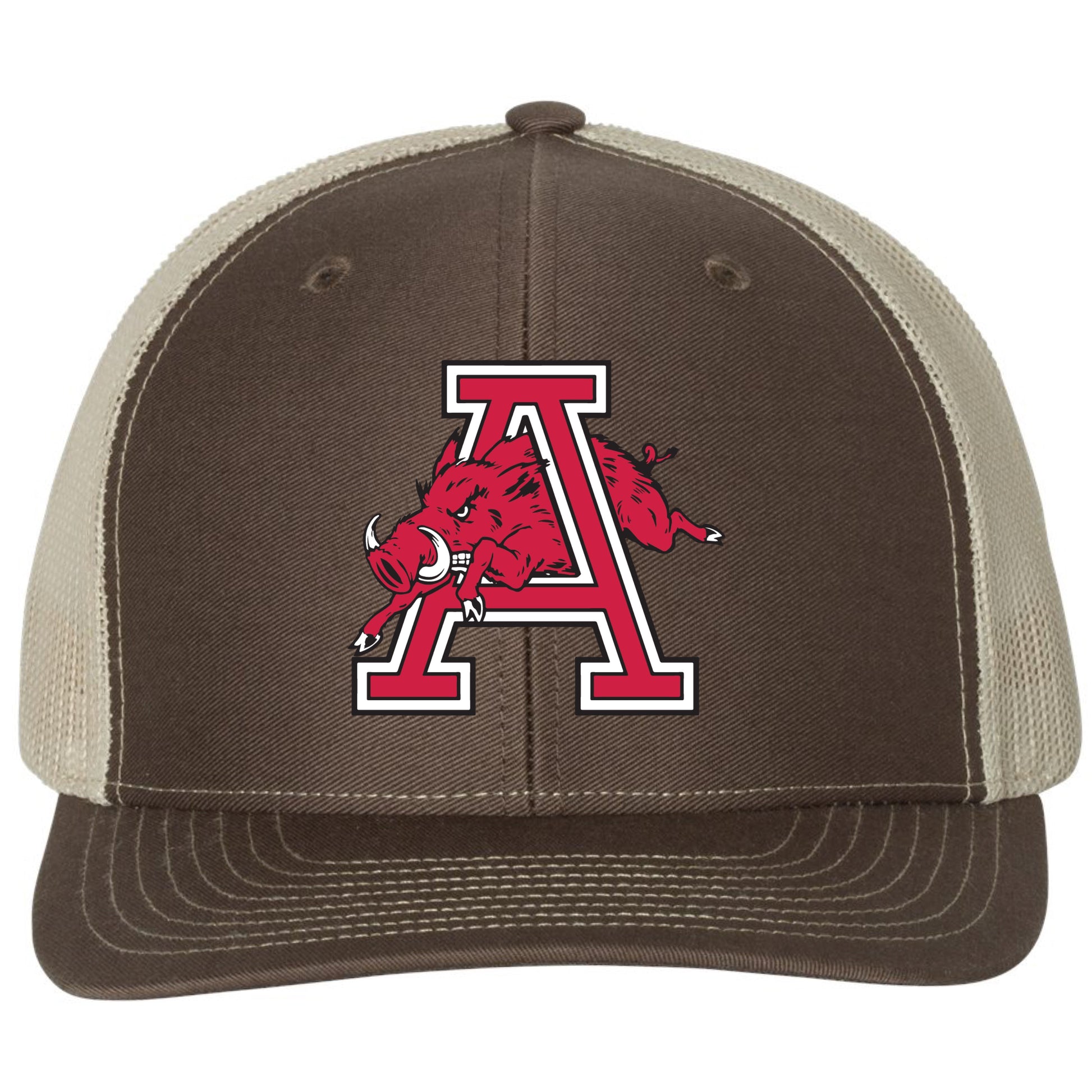 Arkansas Razorbacks Jumping Hog 3D YP Snapback Trucker Hat- Brown/ Khaki - Ten Gallon Hat Co.