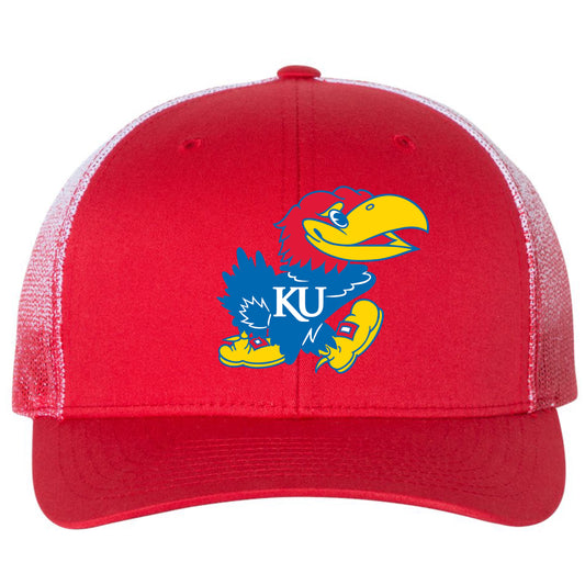 Kansas Jayhawks 3D Patterned Mesh Snapback Trucker Hat- Red/ Red to White Fade - Ten Gallon Hat Co.