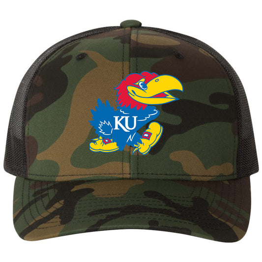 Kansas Jayhawks Classic 3D YP Snapback Trucker Hat- Army Camo/ Black - Ten Gallon Hat Co.