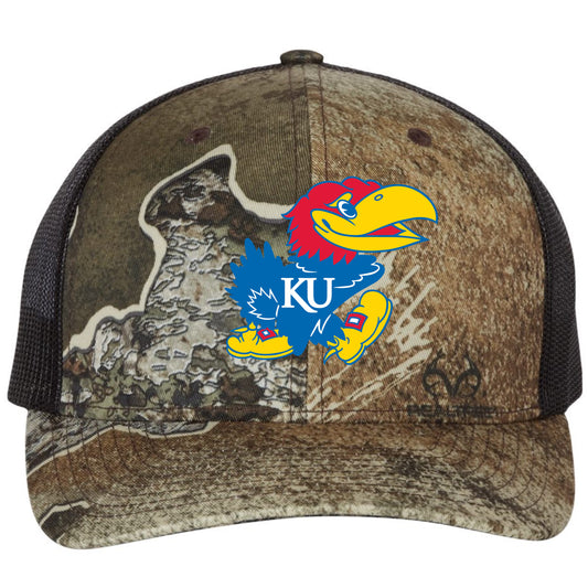 Kansas Jayhawks Classic 3D Patterned Snapback Trucker Hat- Realtree Excape/ Black - Ten Gallon Hat Co.