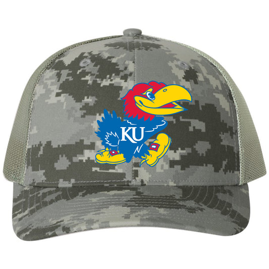 Kansas Jayhawks Classic 3D Patterned Snapback Trucker Hat- Military Digital Camo - Ten Gallon Hat Co.