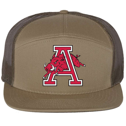 Arkansas Razorbacks Jumping Hog 3D Snapback Seven-Panel Trucker Hat- Pale Khaki/ Loden Green - Ten Gallon Hat Co.