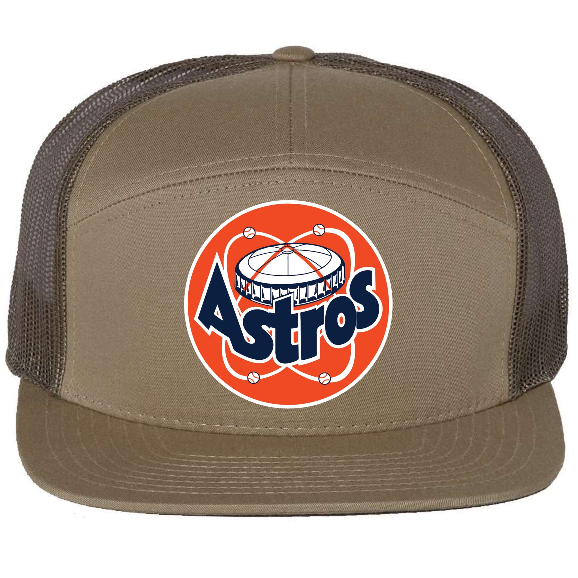 Astros Retro Astrodome 3D Snapback Seven-Panel Trucker Hat- Pale Khaki/ Loden Green - Ten Gallon Hat Co.