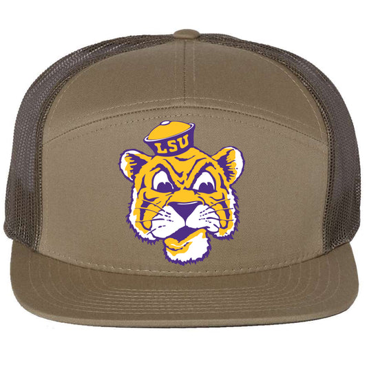 LSU Sailor Mike 3D Snapback Seven-Panel Trucker Hat- Pale Khaki/ Loden Green - Ten Gallon Hat Co.