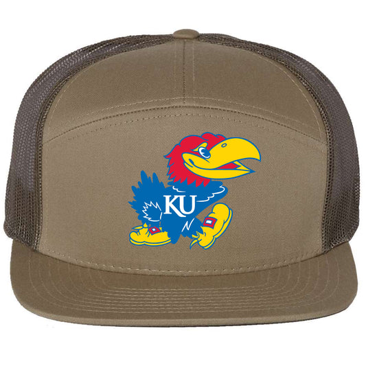 Kansas Jayhawks 3D Snapback Seven-Panel Trucker Hat- Pale Khaki/ Loden Green - Ten Gallon Hat Co.