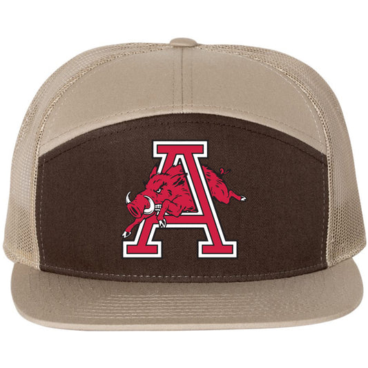 Arkansas Razorbacks Jumping Hog 3D Snapback Seven-Panel Trucker Hat- Brown/ Khaki - Ten Gallon Hat Co.