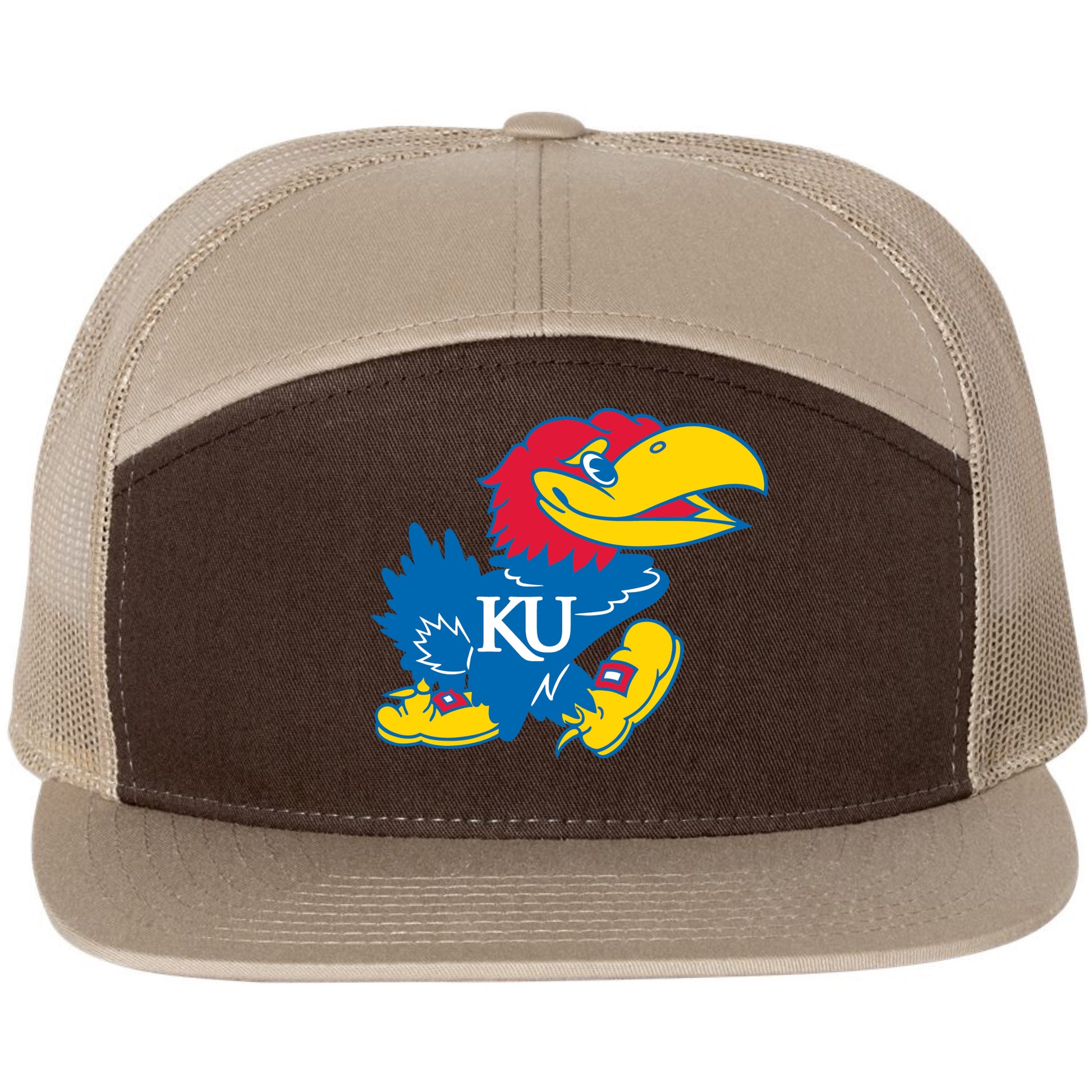 Kansas Jayhawks 3D Snapback Seven-Panel Trucker Hat- Brown/ Khaki - Ten Gallon Hat Co.