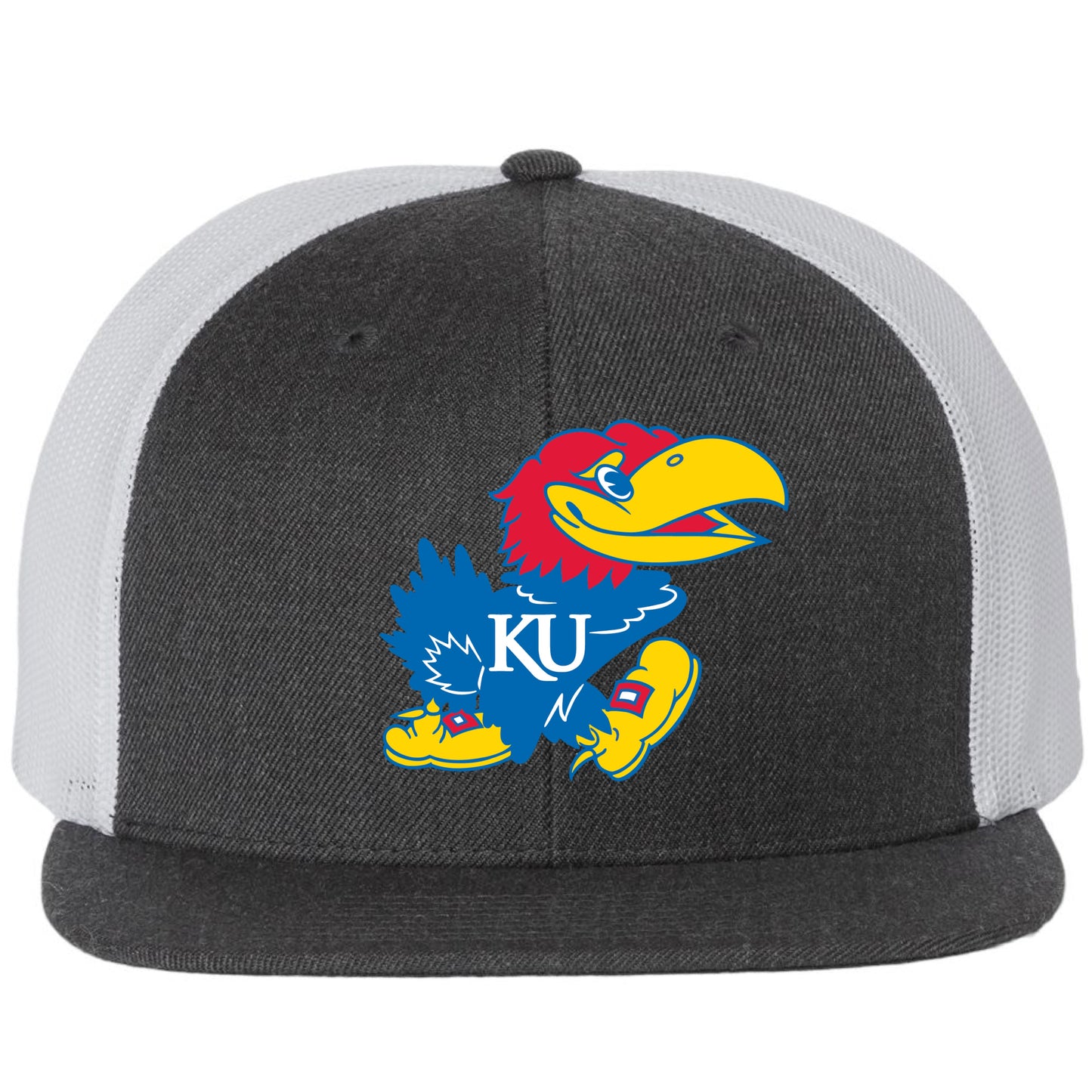 Kansas Jayhawks 3D PVC Patch Wool Blend Flat Bill Hat- Heather Charcoal/ White - Ten Gallon Hat Co.