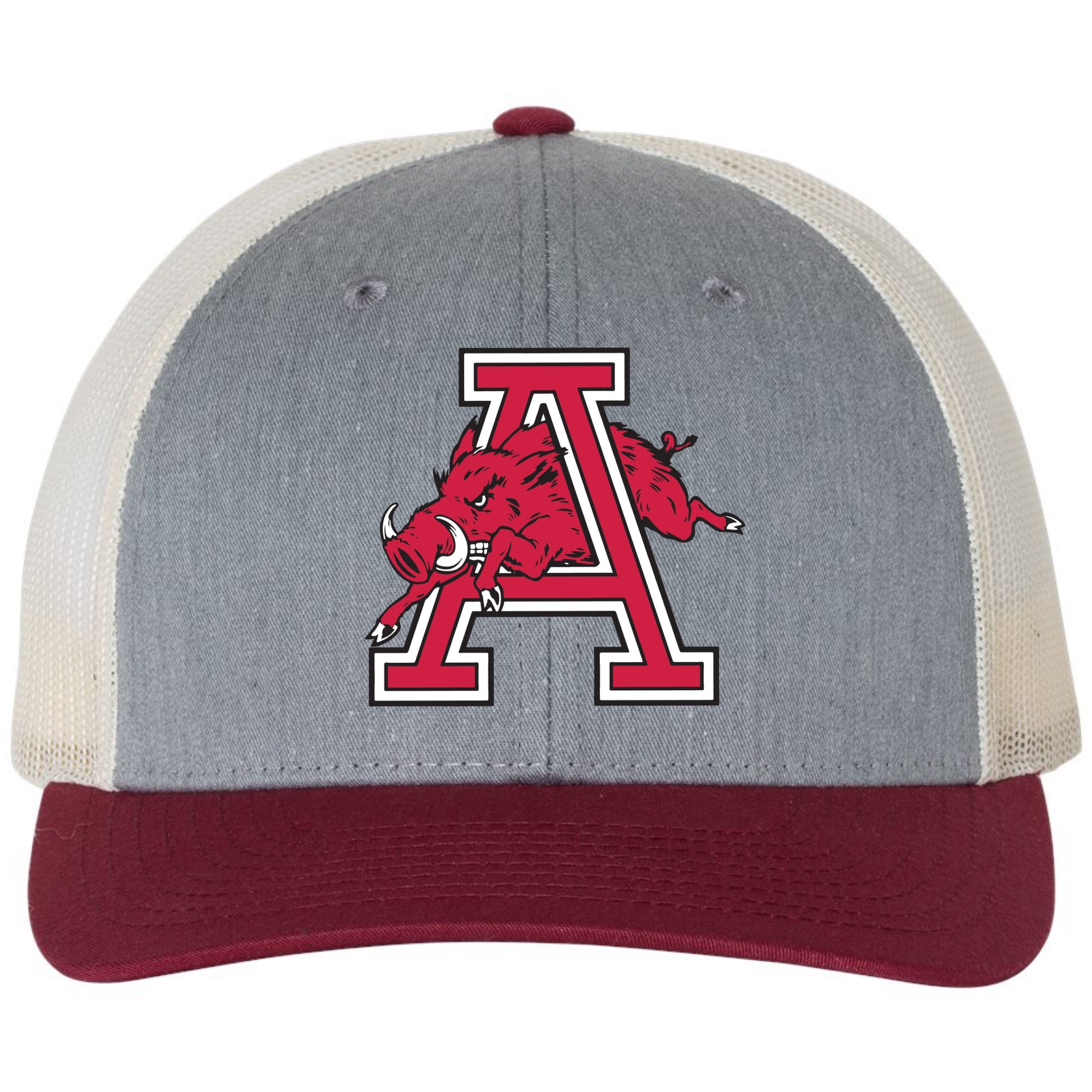 Arkansas Razorbacks Jumping Hog 3D Snapback Trucker Hat- Heather Grey/ Birch/ Cardinal - Ten Gallon Hat Co.